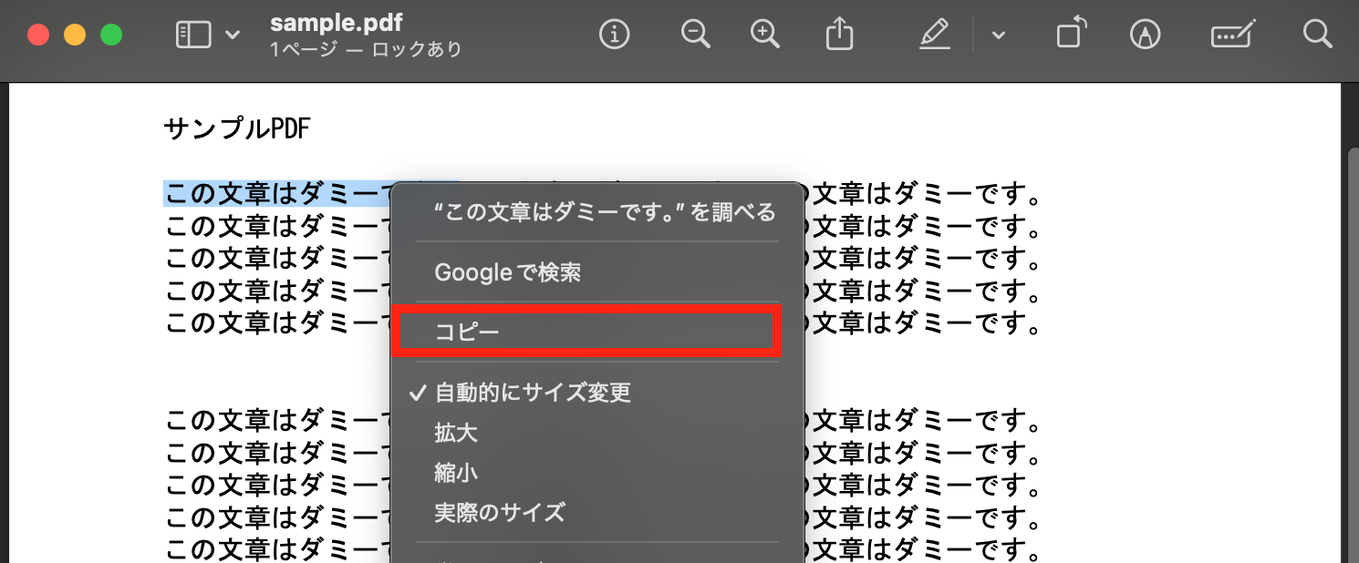 プレビューでのコピー